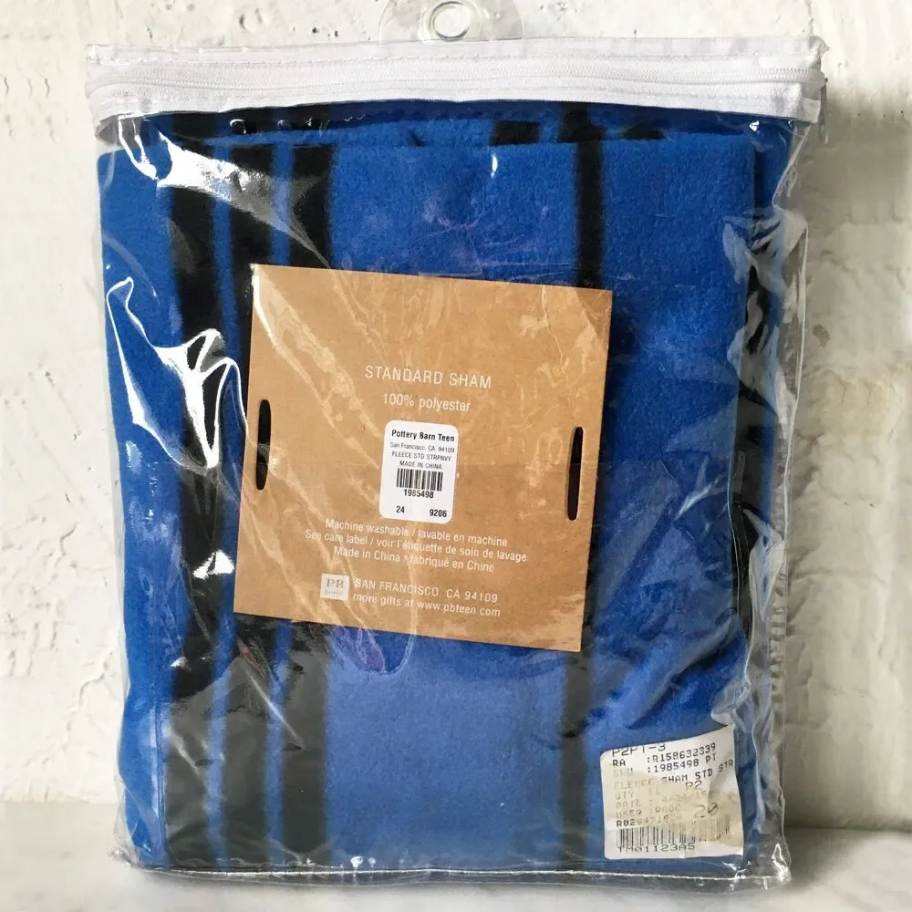 Pottery Barn Teen Blue Black Striped Fleece Pillow Sham - Standard Size NEW